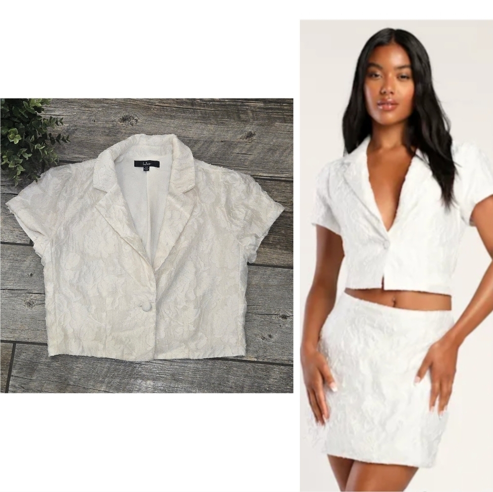 Lulus White Chic Your Piece Organza Jacquard Short Sleeve Blazer, Size X-Small